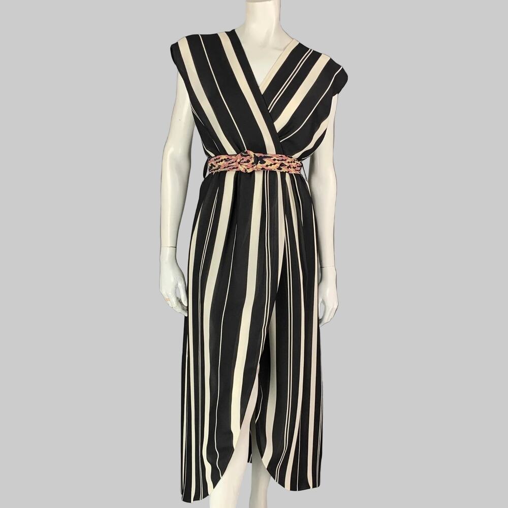 LOUIS VUITTON Size 4 Black & White Stripe Silk Sleeveless Wrap Dress